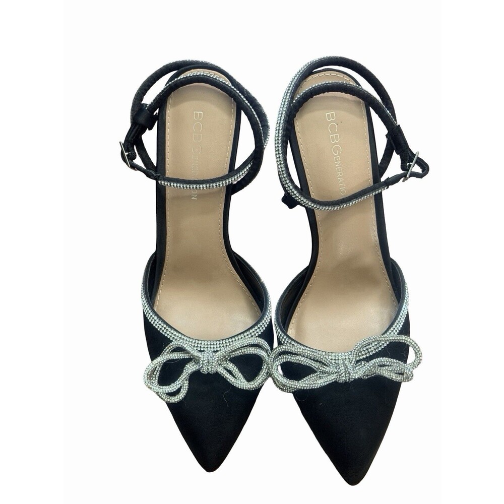BCBGeneration Double Bow Satin Crystal Slingback Stiletto Heels Black EU 40 US 9